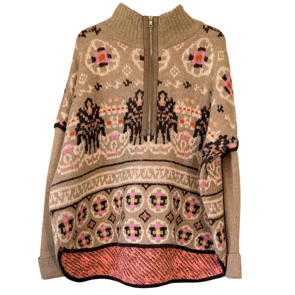 Anthropologie Sleeping On Snow Fair Isle Quarter Zip Tan Aztec Boho Sweater ML